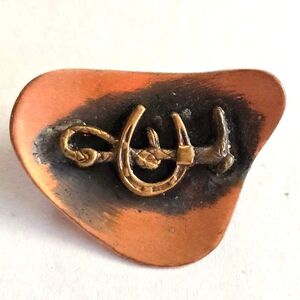 Vintage copper brooch pin equestrian horseshoe riding crop whip horse